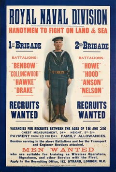 Original Antique WWI Royal Navy Recruitment Poster Fight On Land And Sea Sailor