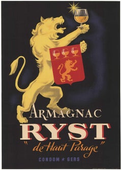 Original Armagnac Ryst vintage French liquor poster, linen backed lithograph