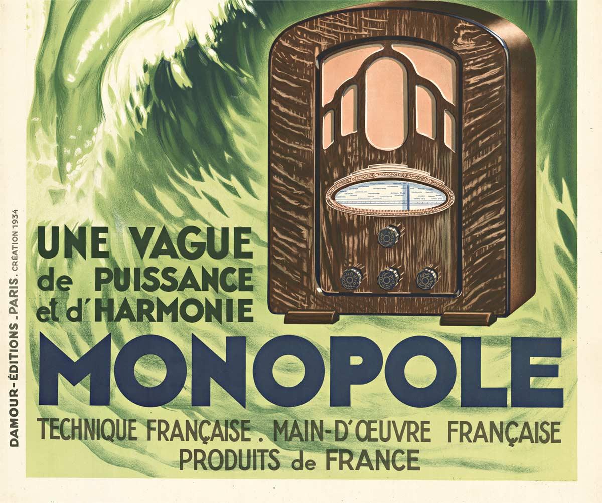 Affiche vintage française d'origine art déco avec sirène de radio de Monopole - Print de Unknown