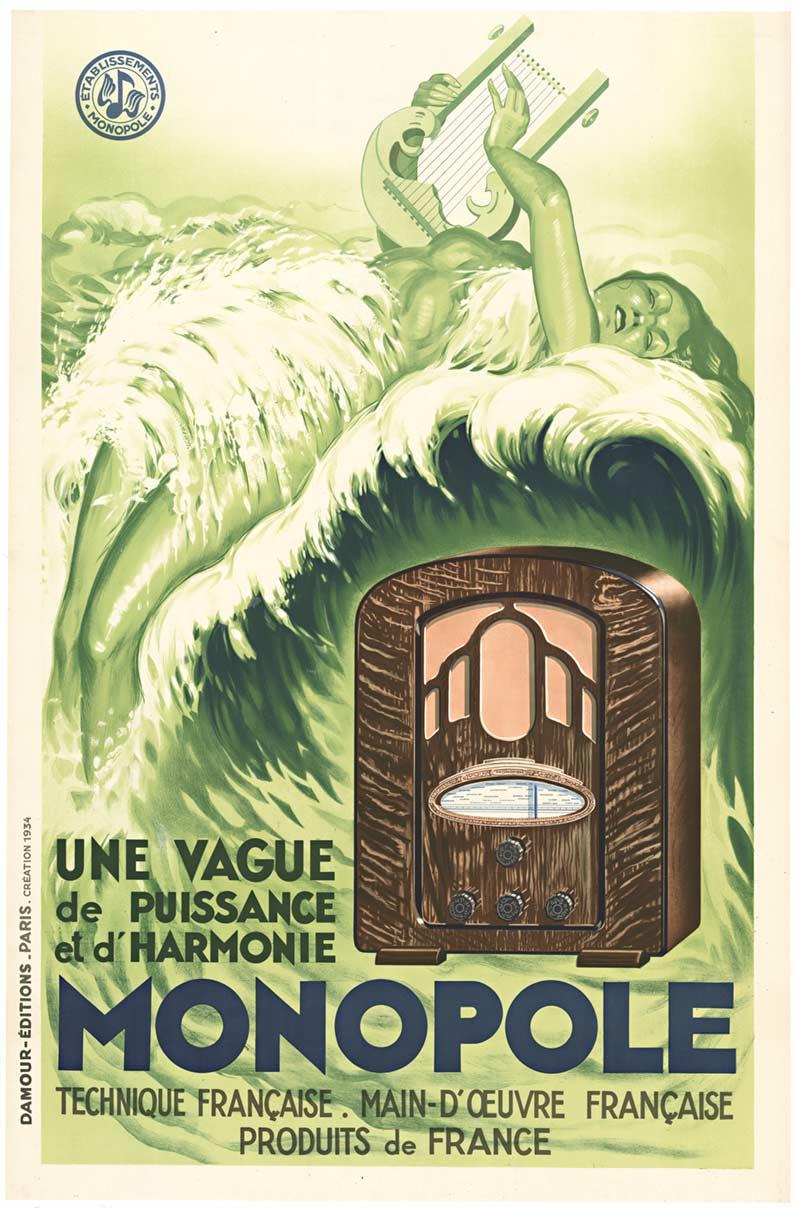 Affiche vintage française d'origine art déco avec sirène de radio de Monopole
