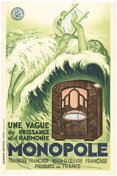 Original art deco Monopole Radio mermaid Vintage French poster