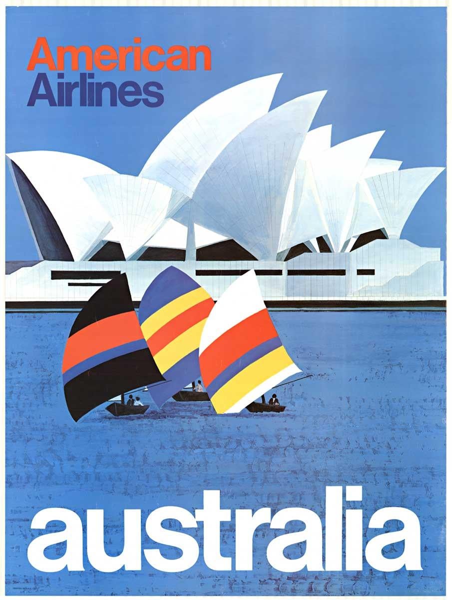 Unknown Landscape Print - Original Australia American Airlines vintage travel poster