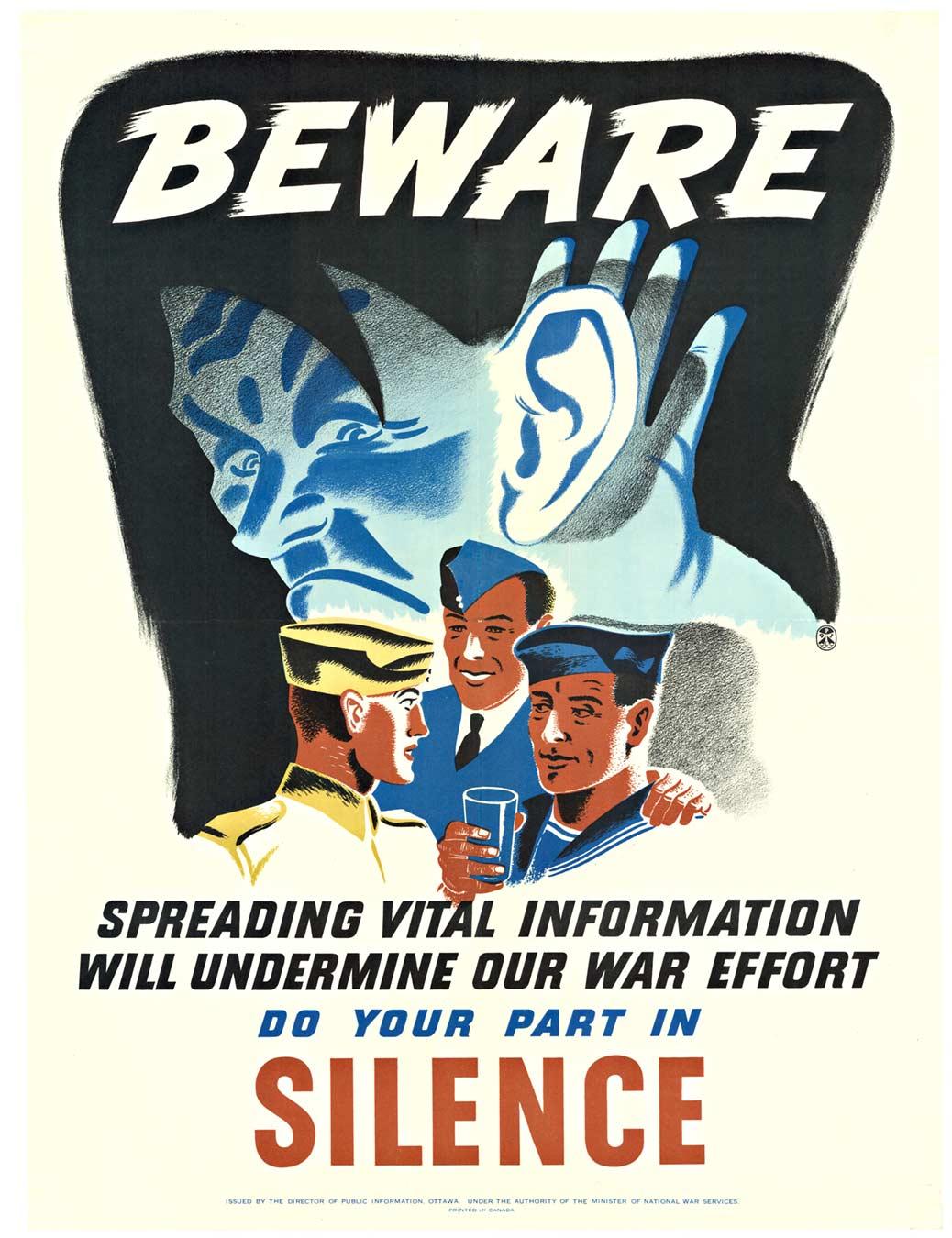 Original "BEWARE Spreading Vital Informaton .. SILENCE" vintage WWII poster 