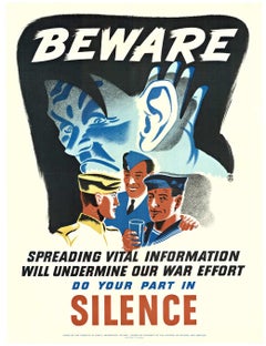 Original "CUIDADO Difusión Información Vital .. SILENCIO" cartel vintage de la Segunda Guerra Mundial