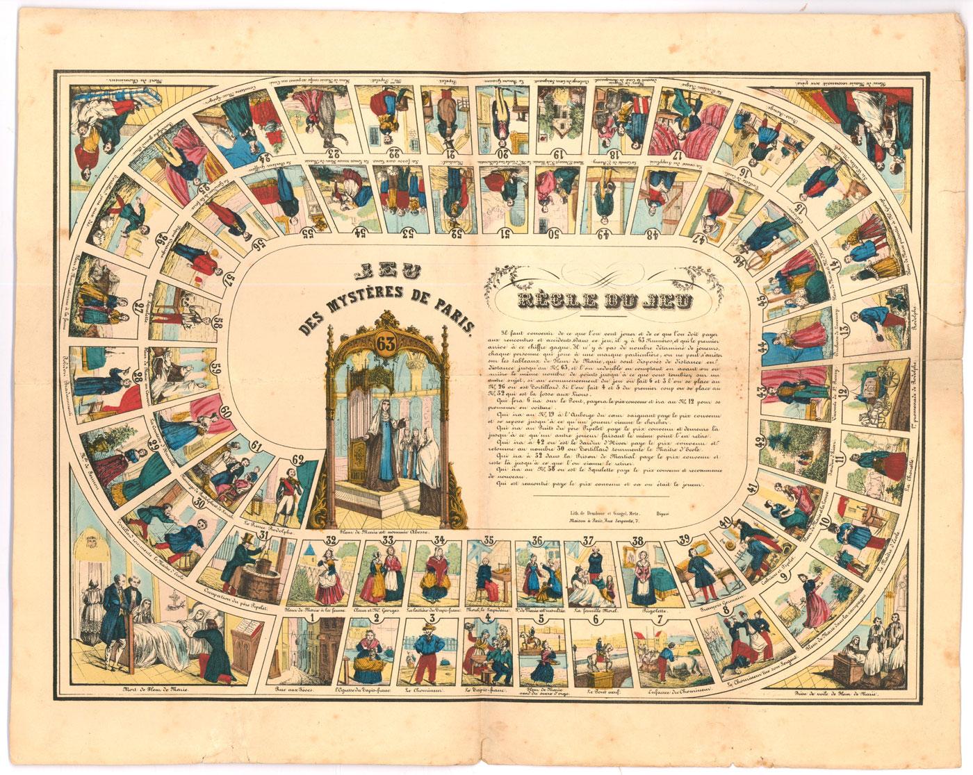 Original Lithographie aus der Zeit um 1850 – Französisches Spielbrett, Die Mysterien von Paris – Print von Unknown