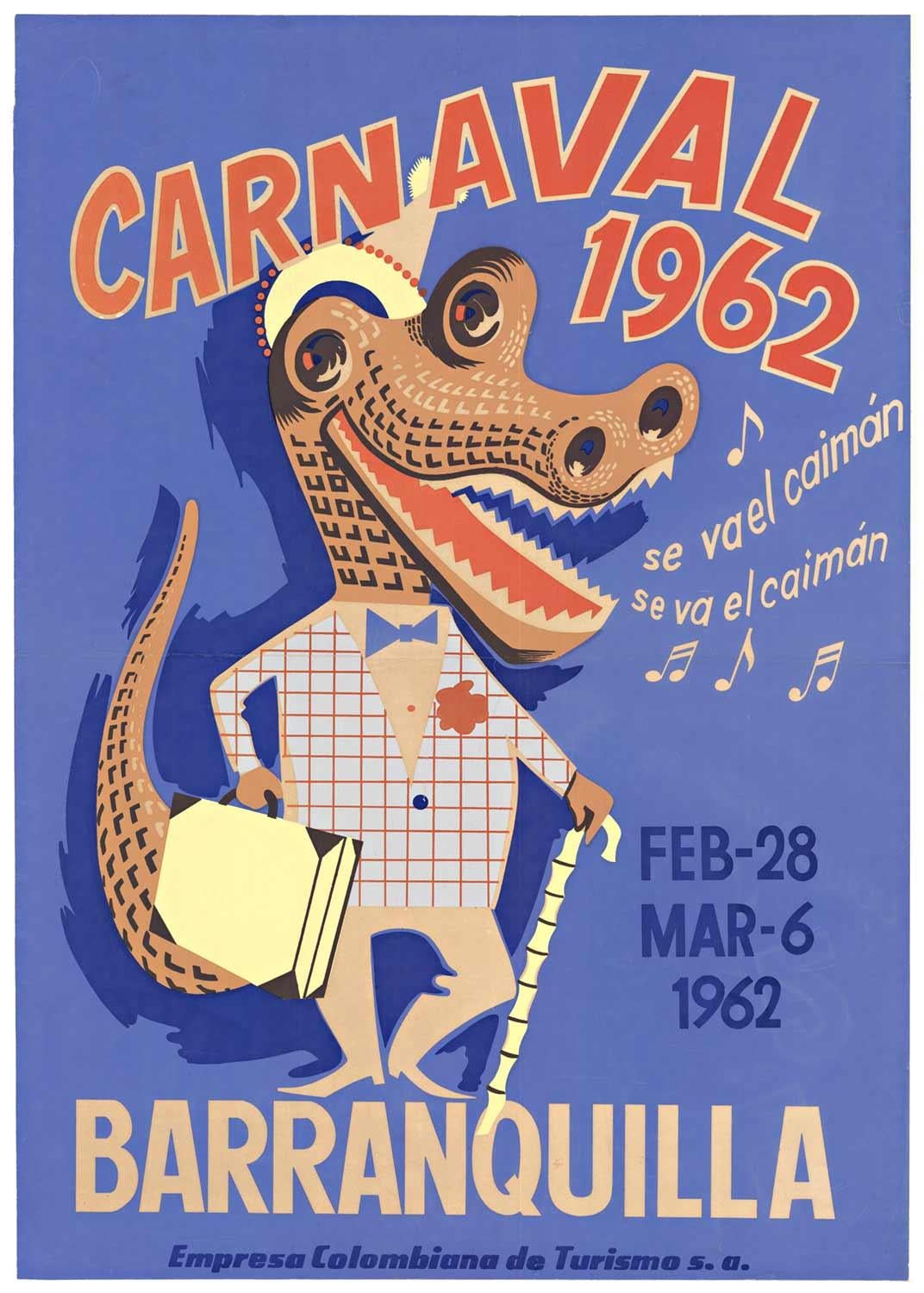 Unknown Animal Print - Original "Carnaval 1962 Barranquilla" vintage festival poster  Crocodile rocks
