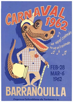 Affiche de festival vintage d'origine Barranquilla « Carnenquilla », 1962  Roches de crocodile