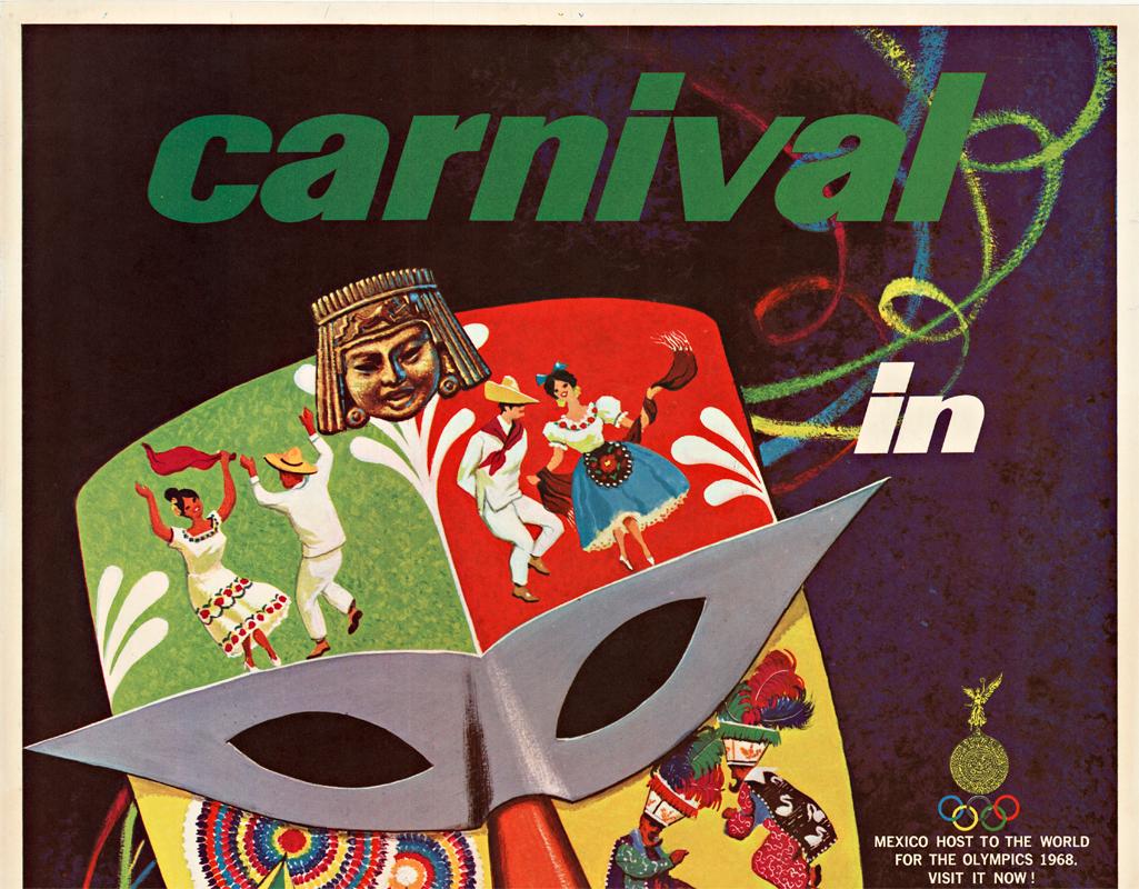 Original Carnival in Mexico vintage travel linen backed poster - Print by Unknown