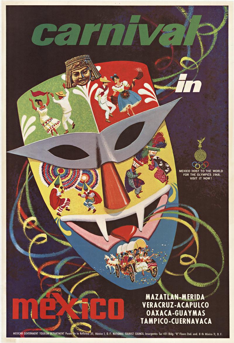 Unknown Print - Original Carnival in Mexico vintage travel linen backed poster