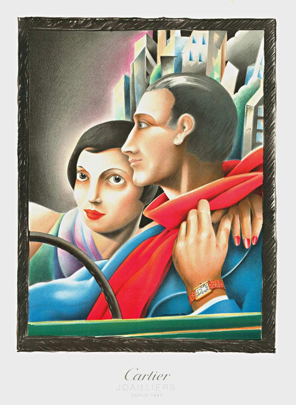 Unknown Figurative Print - Original Cartier Joailliers Couple (Watches) vintage poster