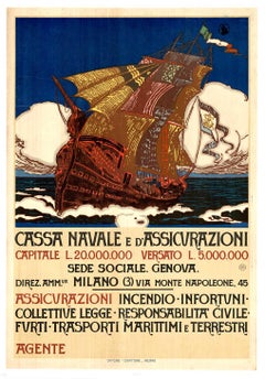 Original Cassa Navale e d'Assicurazioni Insurance Poster, Italian Nautical Litho