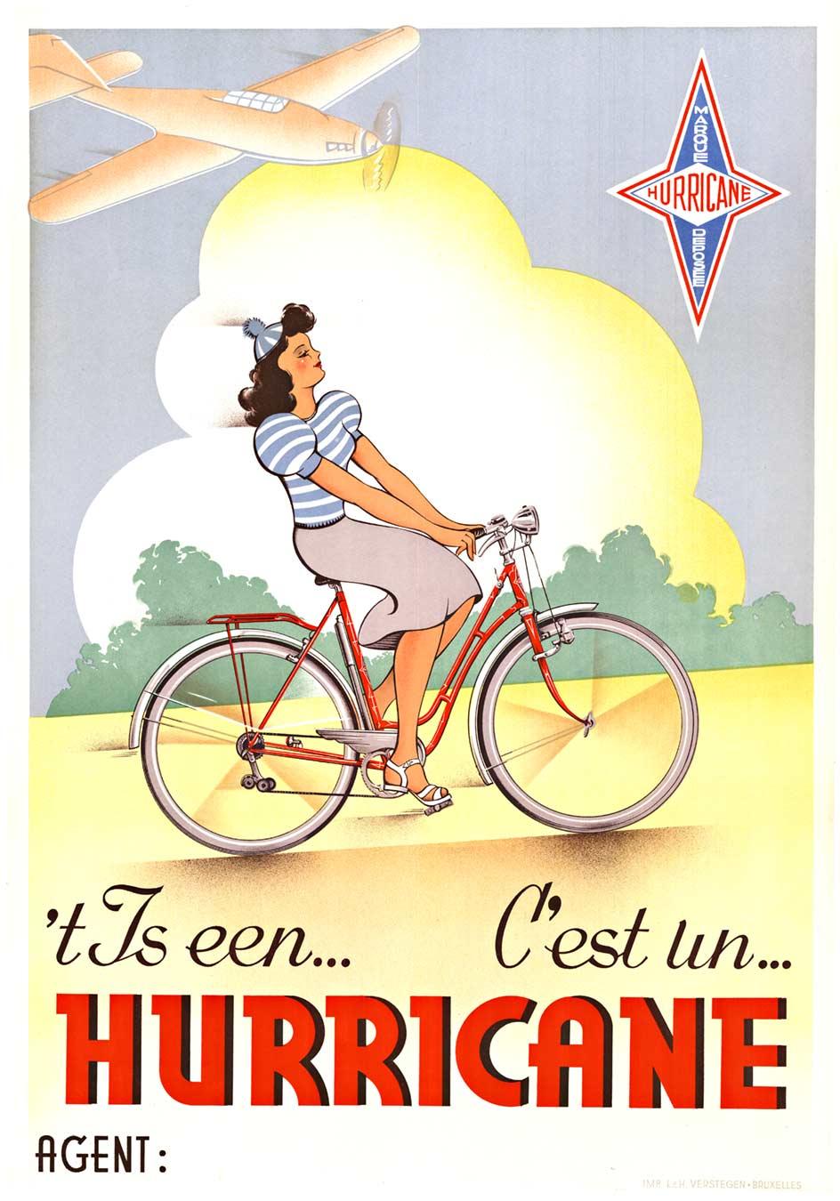 Affiche originale "C'est un Hurricane", style pin-up à bicyclette vintage