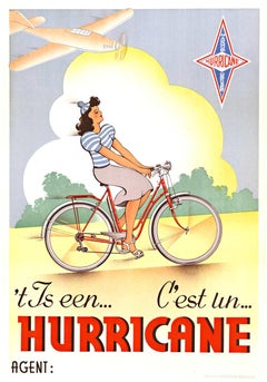 Affiche originale "C'est un Hurricane", style pin-up à bicyclette vintage