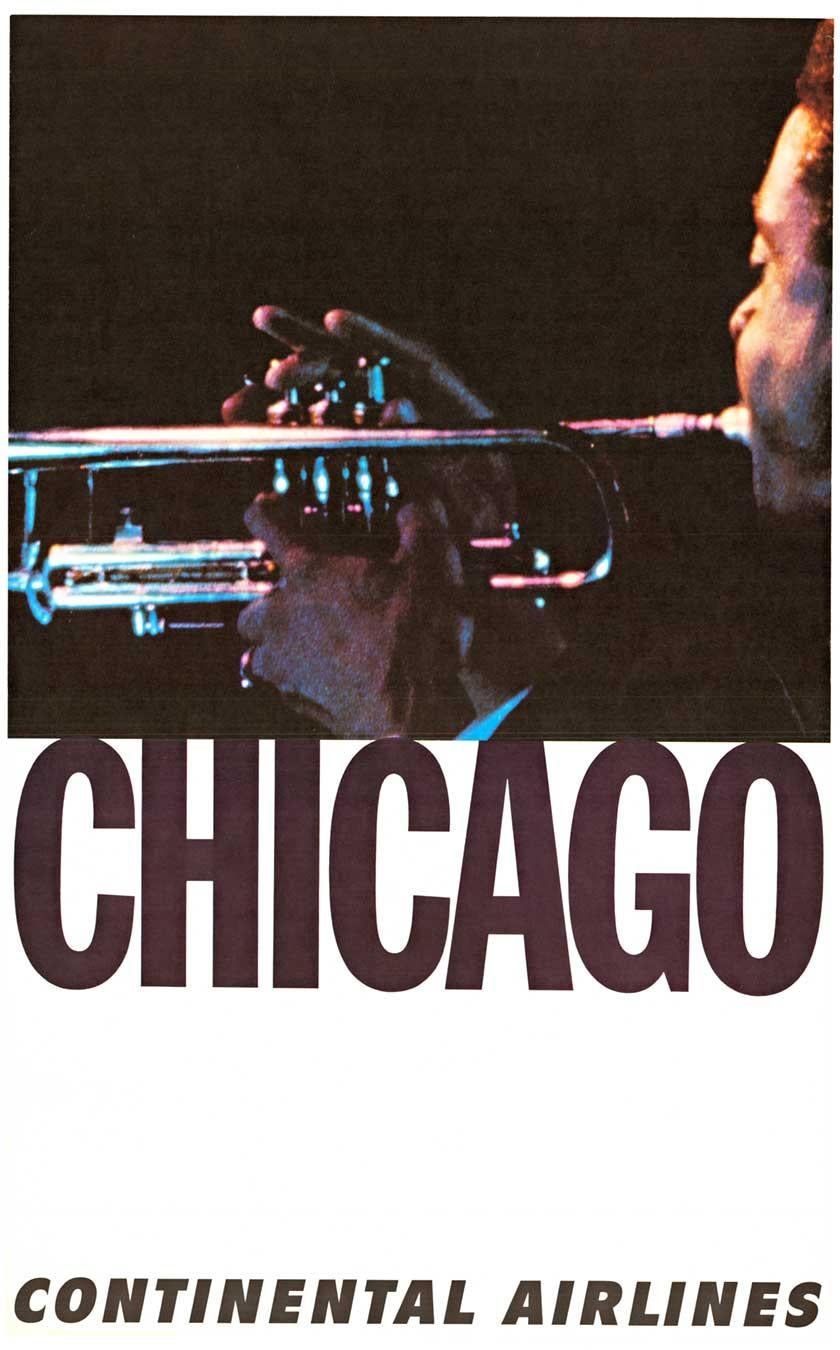 Unknown Portrait Print - Original CHICAGO Continental Airlines - Jazz trumpet, vintage poster