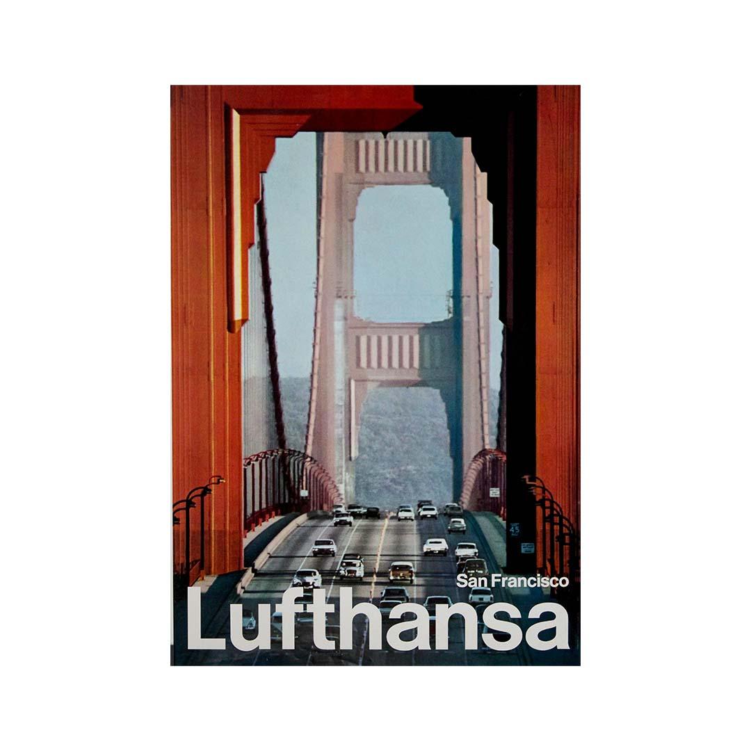 Original circa 1970 Lufthansa travel poster Golden Gate Bridge San Francisco en vente 2