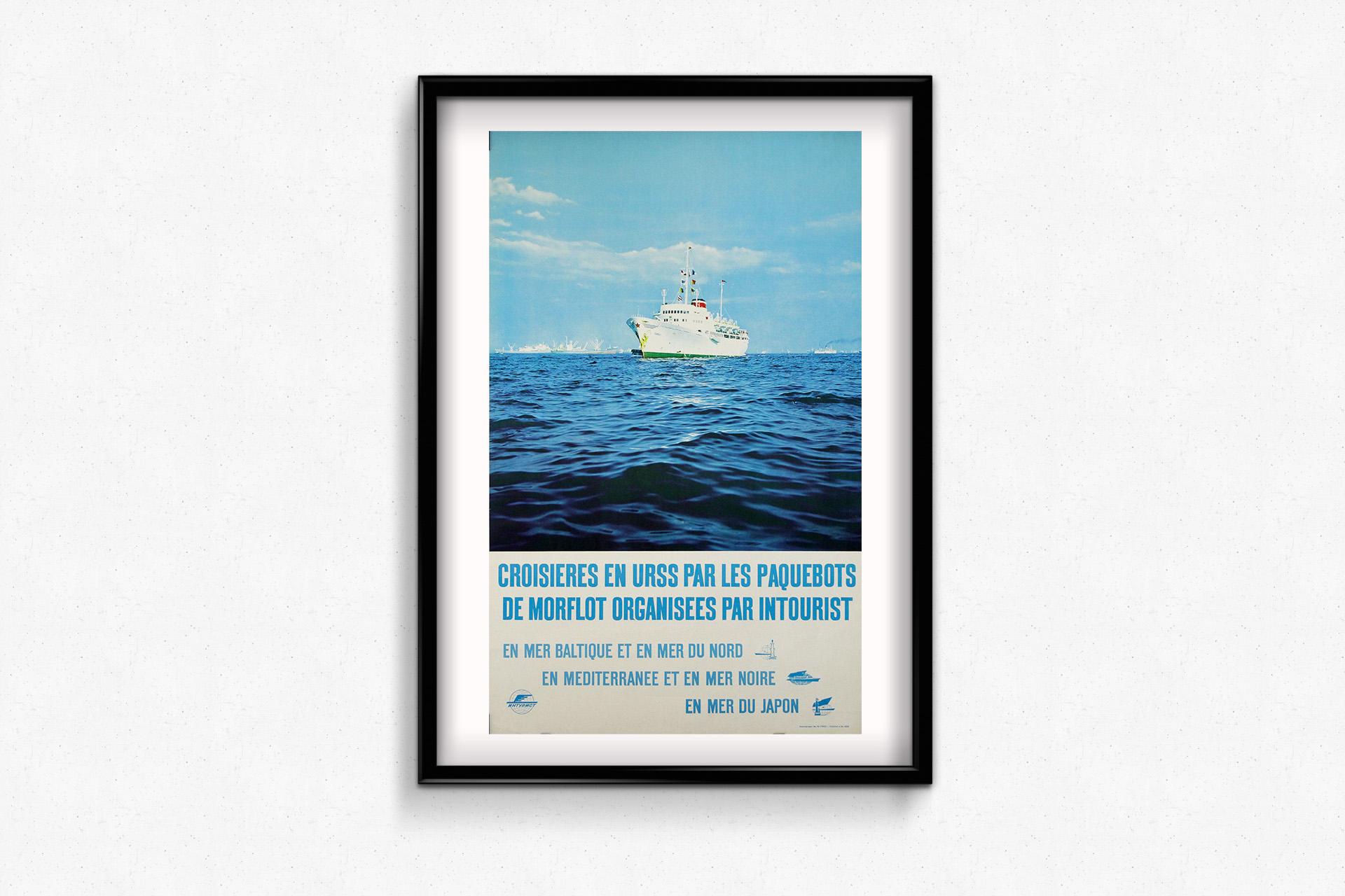 This original circa 1970 travel poster, produced by Intourist, the official Soviet state travel agency, offers a captivating glimpse into the golden age of Cold War-era tourism. Promoting luxury cruises aboard Morflot passenger ships, the poster