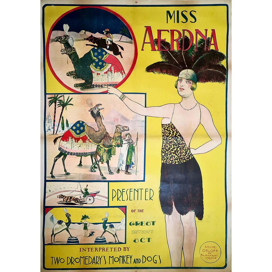 Schönes Zirkusplakat vom Anfang des XX. Jahrhunderts: Miss Aerdna Presenter von zwei Dromedaren, Affe und Hund, gedruckt von Orloff in Marseille.

Zirkus - Show - Tiere

Orloff in Marseille