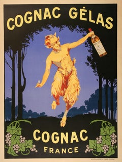 Antique Original Cognac Gelas Poster C1920 with Satyr Image