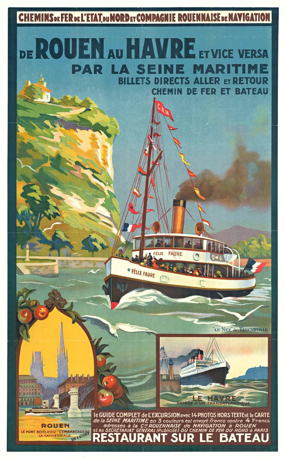 Cartel de época original "de Rouen au Havre" para viajar en barco