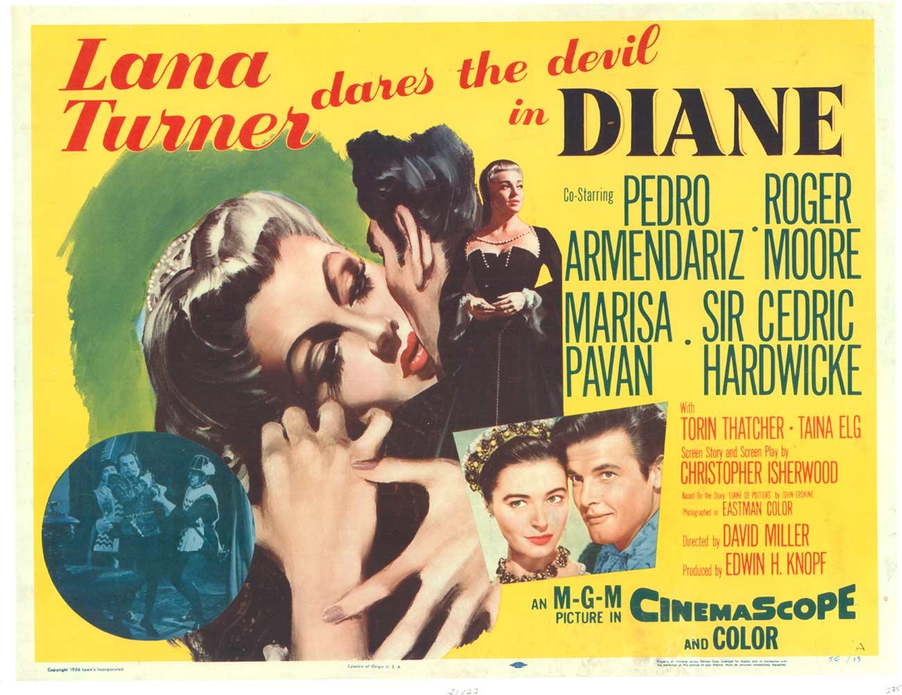 Affiche de cinéma vintage originale "Diane" 1/2 feuille  Lana Turner, Roger Moore