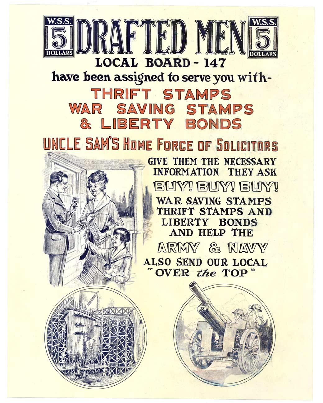 Portrait Print Unknown - Affiche américaine d'époque "Drafted Men, War Savings Stamps 5 Dollars" (hommes enrôlés, timbres d'épargne de guerre 5 dollars)