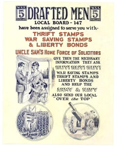 Original "Drafted Men, War Savings Stamps 5 Dollars" vintage American poster
