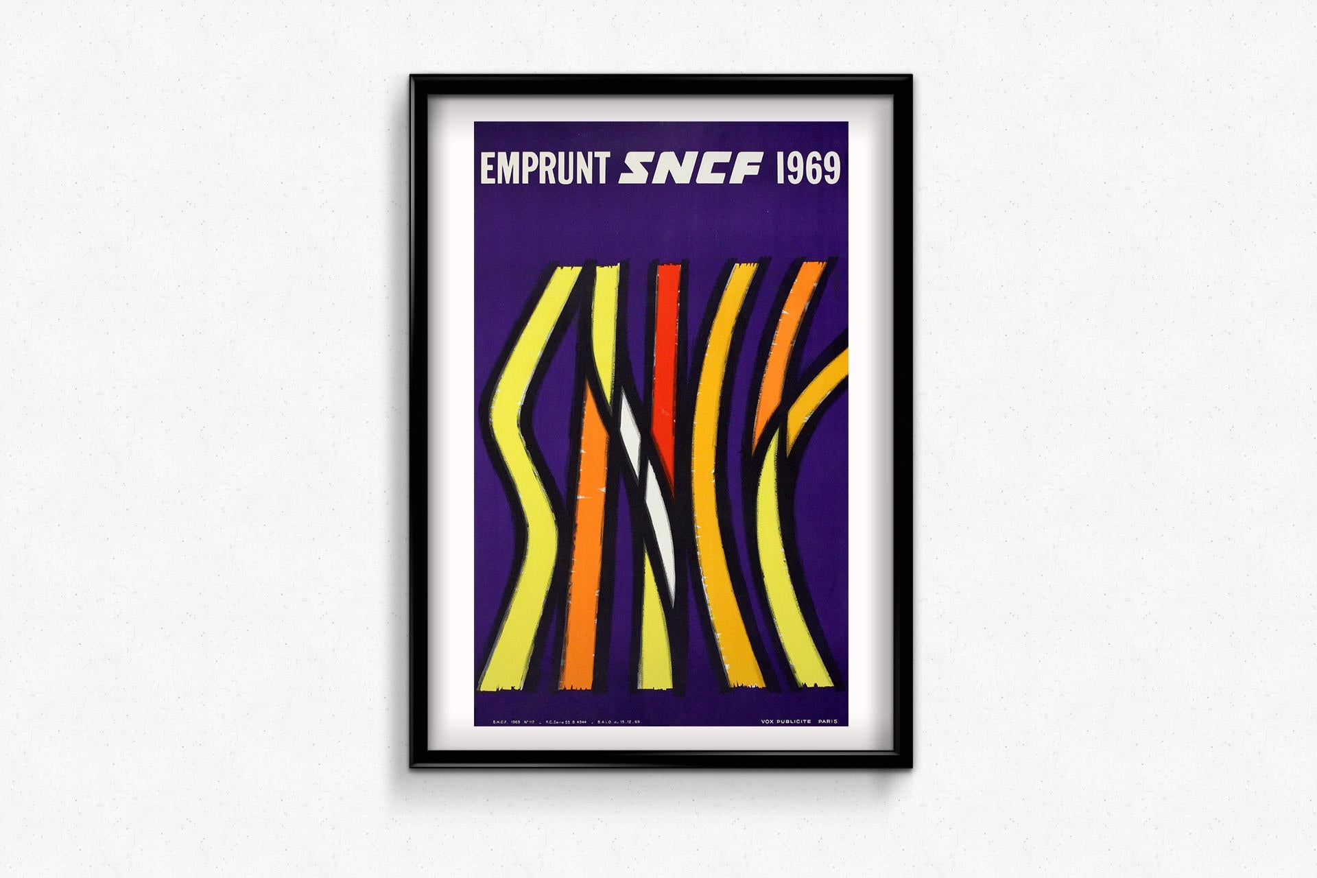 Dieses Originalplakat von Emprunt SNCF aus dem Jahr 1969 zeigt, dass die Entwicklung der Infrastrukturen am Ende des Jahrzehnts des Wandels auf nationaler Ebene weiter vorangetrieben wurde. Obwohl der Künstler nicht bekannt ist, vermitteln die klare