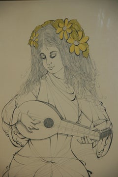 Original Engraving 70's Flower Child by Justine Schachser