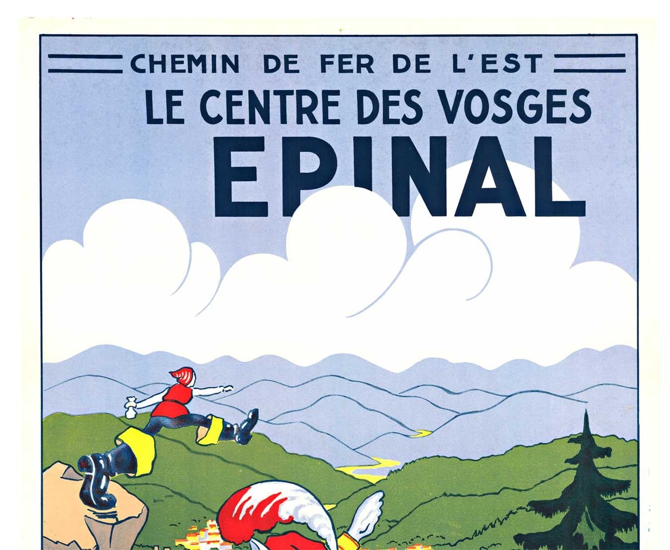 Original French travel poster:  EPINAL. Chemin de Fer de l’Est.  Excellent condition.  No repairs, no damage, linen backed, A condition.   Bright and colorful full lithograph.

Linen-backed vintage travel poster by the French railway Chemin de Fer