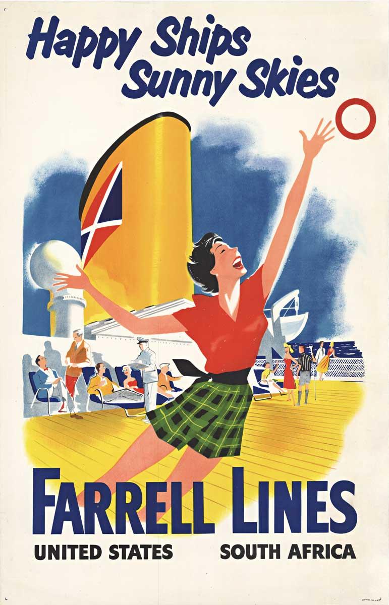 Original "Farrell Lines,  Happy Ships Sunny Skies" vintage cruise line poster