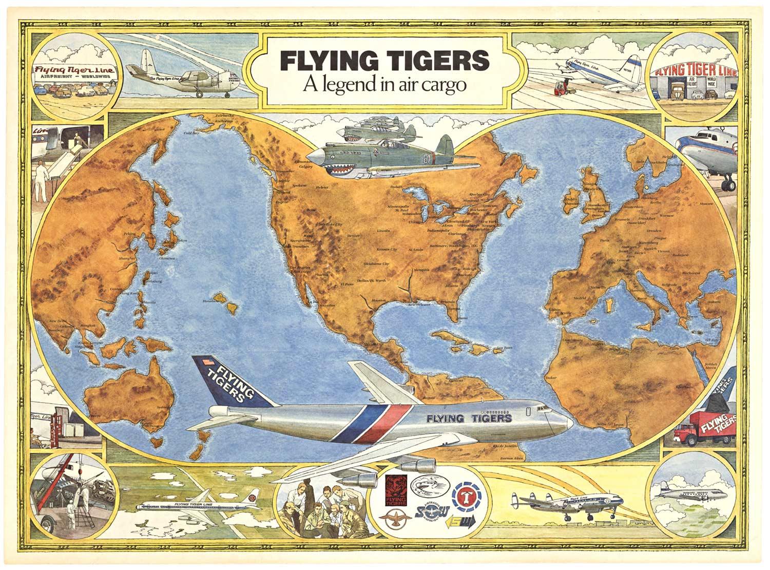 Poster vintage originale della compagnia aerea "Flying Tigers".   Una leggenda del trasporto aereo