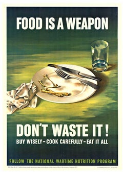 Cartel original de la Segunda Guerra Mundial "¡La comida es un arma, no la desperdicies!