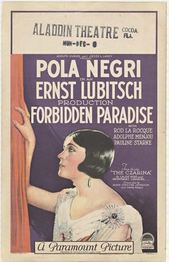 Tarjeta de escaparate original de época de la película muda Paraíso Prohibido con Pola Negri
