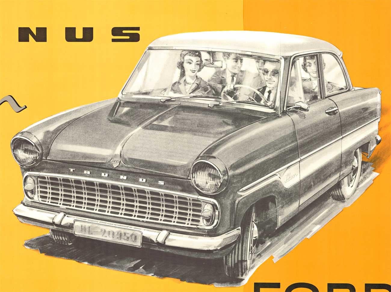 Original Ford of Germany, The All New Taunus 12M Super vintage german antique poster.  Archiviert Leinen gesichert om ausgezeichneten Zustand und bereit zu rahmen. Es ist uns nicht gelungen, eine andere Kopie dieses Plakats zu finden.

Der Taunus