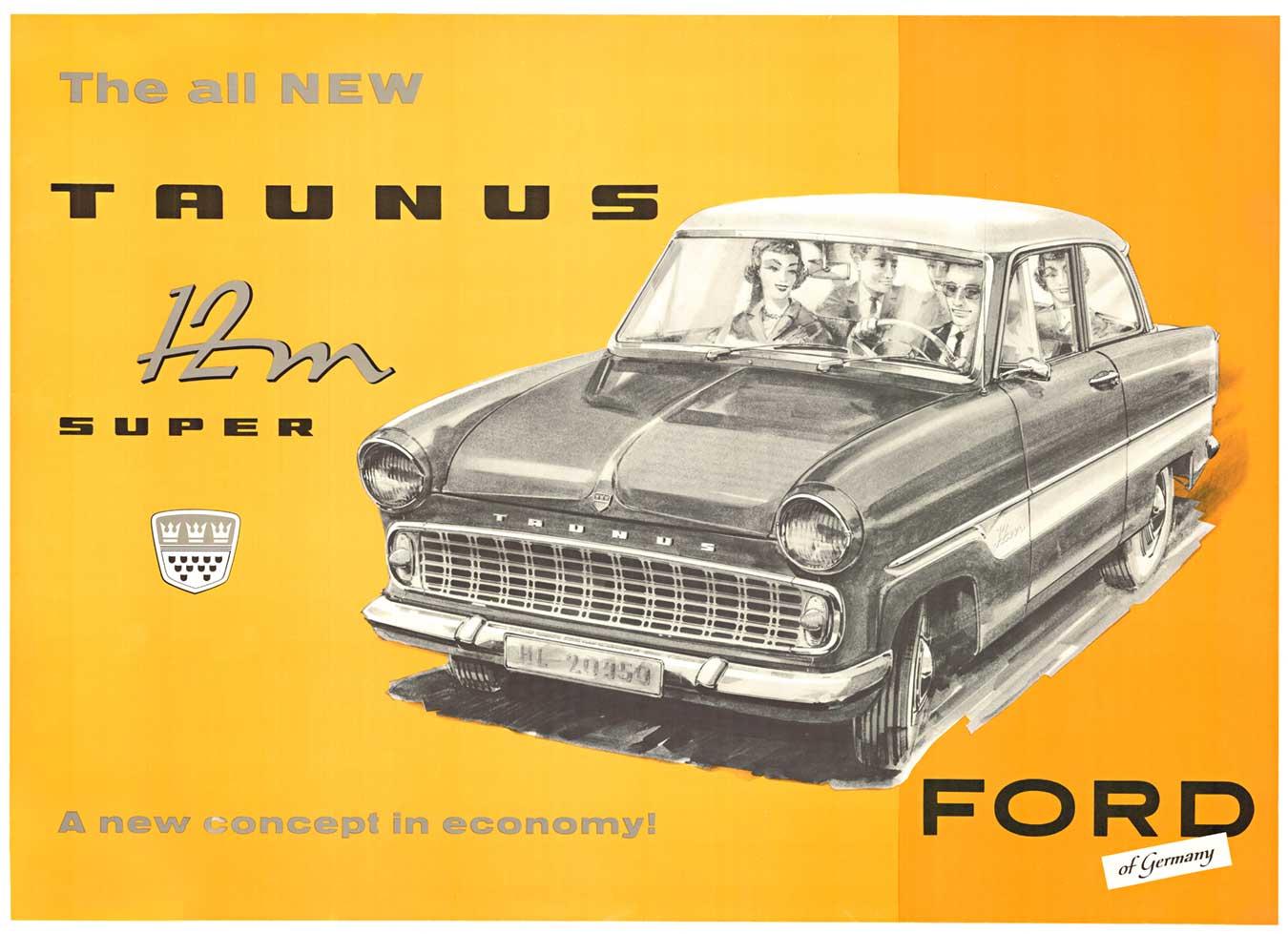 Figurative Print Unknown - Ford, The all New Taunus 12M Super affiche allemande vintage