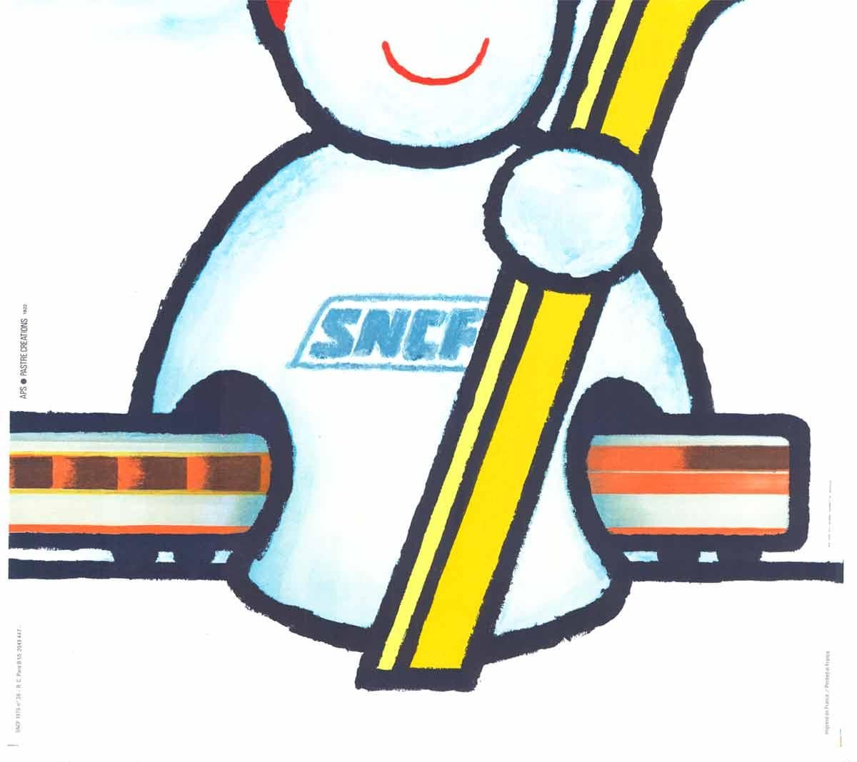 Affiche de voyage originale de la SNCF Bonhomme de neige skieur -Je Prefere Le Train - Art déco Print par Unknown