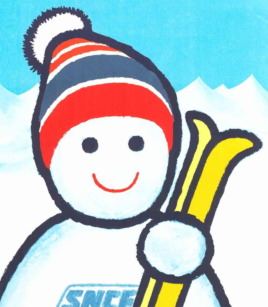 Affiche de voyage originale de la SNCF Bonhomme de neige skieur -Je Prefere Le Train - Bleu Figurative Print par Unknown