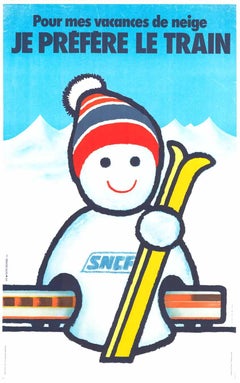 Cartel de viaje original francés SNCF Railroad Skiing Snowman -Je Prefere Le Train