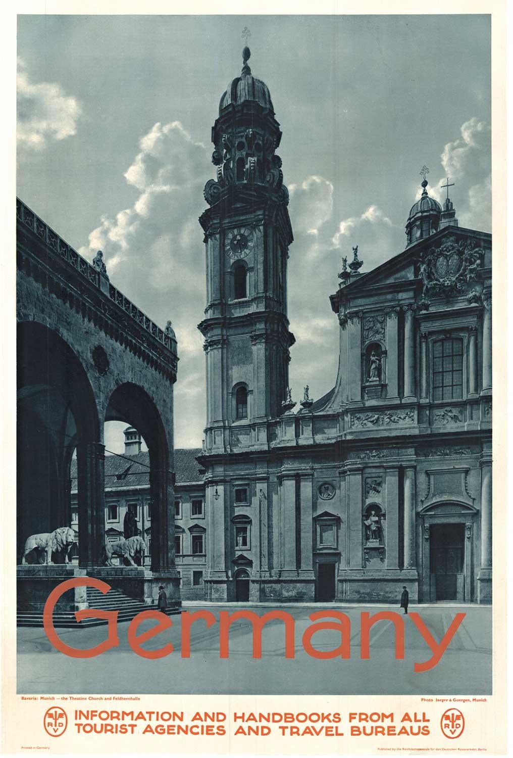 Unknown Landscape Print - Original German, Theatine Church and Feldhernhalle Munich vintage poster