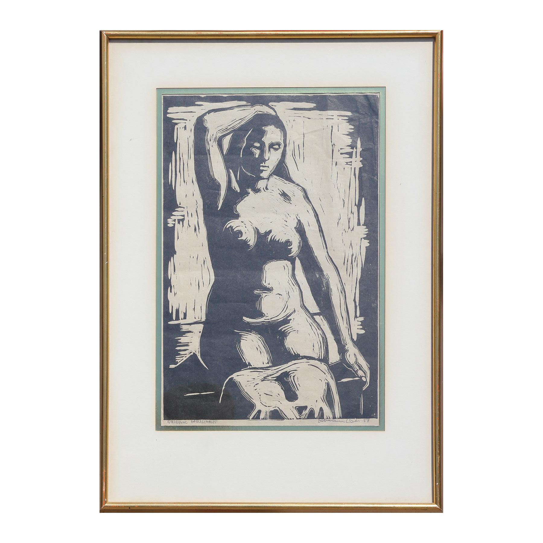 Unknown Figurative Print - Original German Woodcut Print of a Seated Nude Female