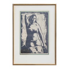Original German Woodcut Print of a Seated Nude Female