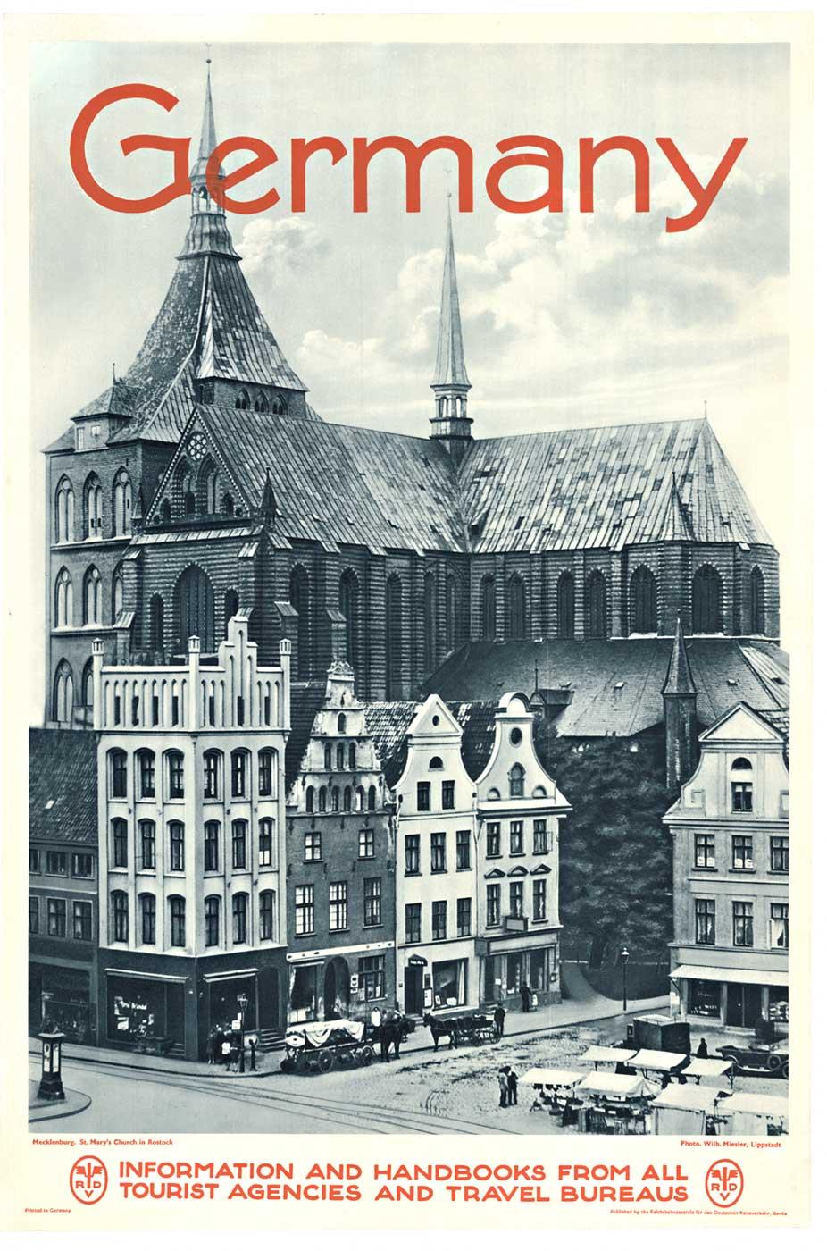 Original Germany, St Mary's Church in Rostock vintage poster, 1930s