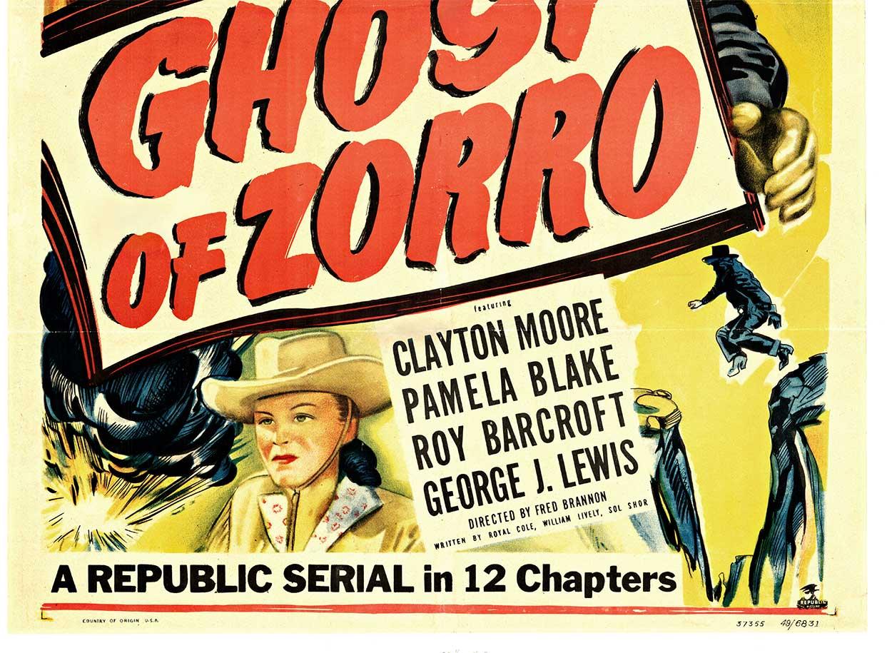 Original ‘Ghost of Zorro’ vintage movie poster.   1949.  Museum archival mounted on acid-free archival linen.    Original fold marks touched up but could use more touch-up on the fold lines that are created on vintage movie posters when they are