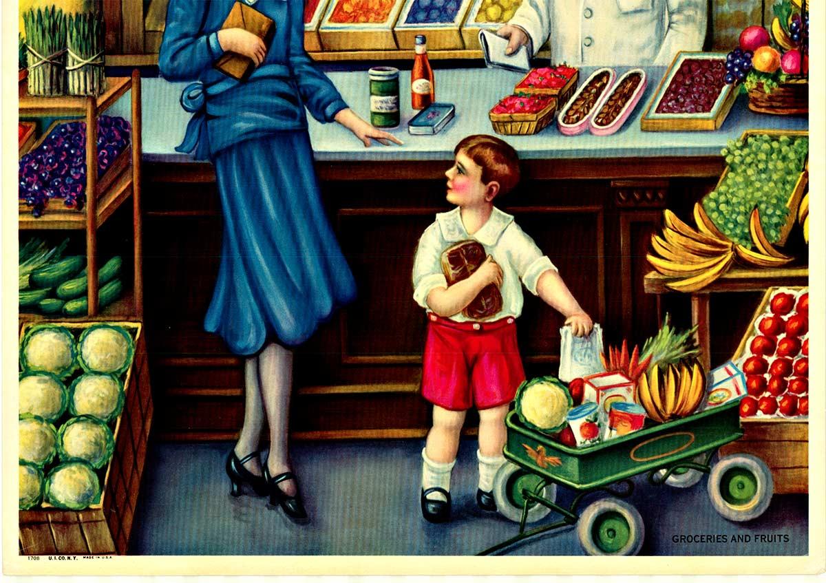 Poster d'epoca cromolitografico originale di Drogherie e Frutta anni '20 - Print Realismo americano di Unknown