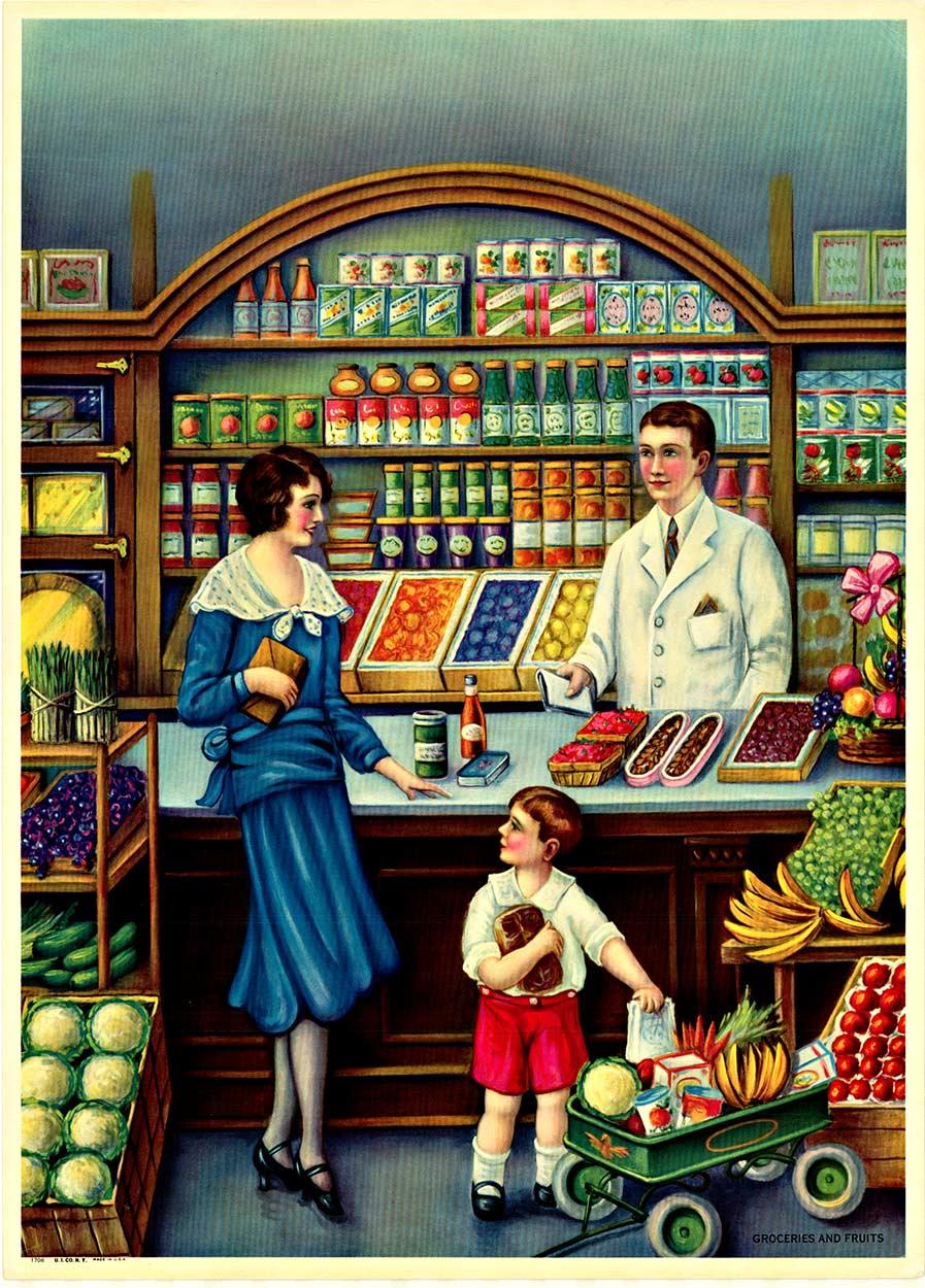 Poster d'epoca cromolitografico originale di Drogherie e Frutta anni '20