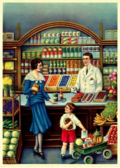 Cromolitografía original de comestibles y frutas cartel de época años 20