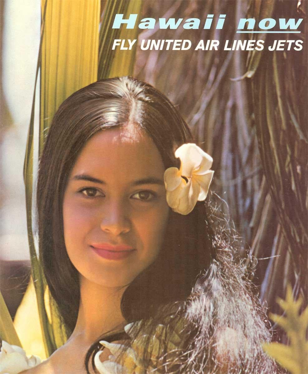 Original Hawaii Now, Fly United Air Lines Jets cartel de viaje hawaiano vintage - Print realista estadounidense de Unknown