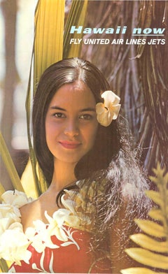 Originale Hawaii Now, Fly United Air Lines Jets poster vintage di viaggio delle Hawaii