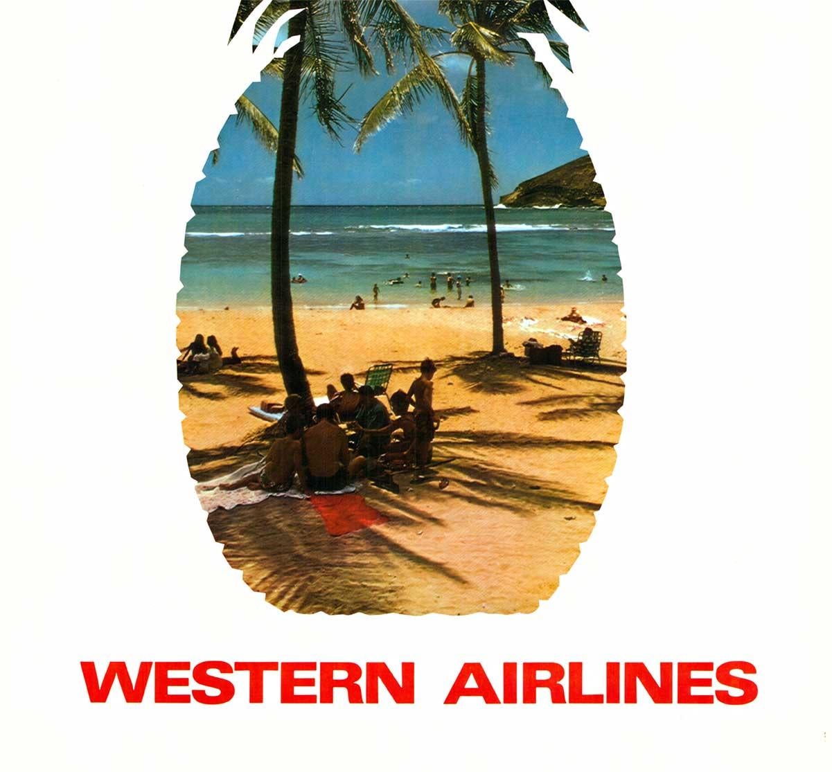 The original Hawaii Western Airlines 1970s vintage travel poster is archivally linen-backed, in excellent condition, and ready to frame. It was printed with a semi-glossy finish and has great vibrant colors. It's a fun image for anyone who loves