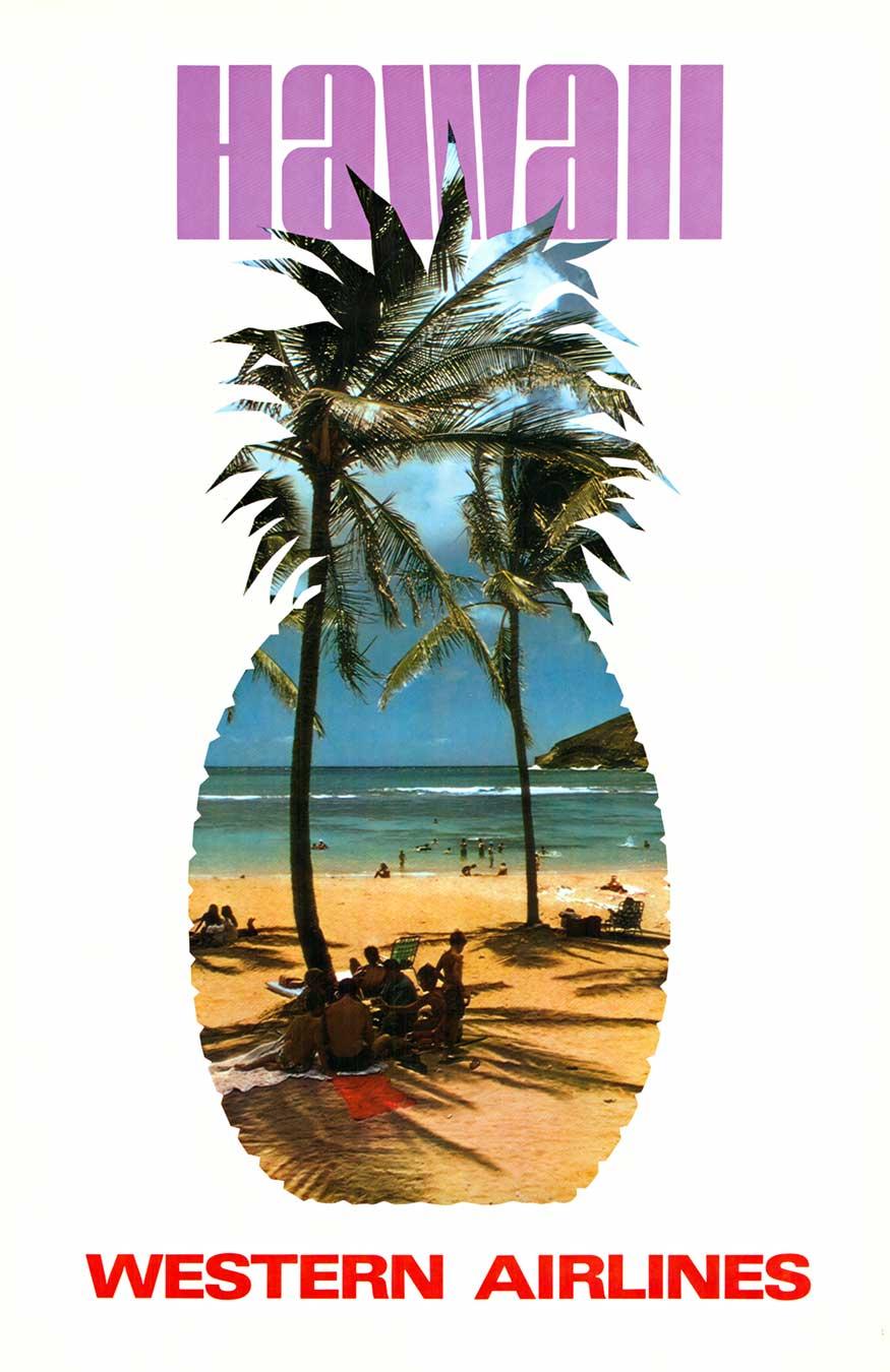 Unknown Figurative Print - Original Hawaii Western Airlines vintage travel poster